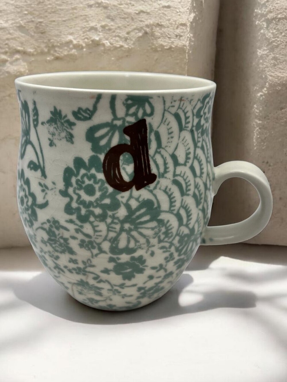 Anthropologie Coffee Mug Cup Homegrown Monogram D Floral Teal Ceramic